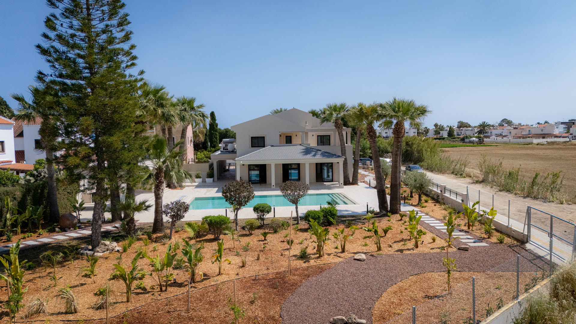 Aerial drone photo of a finished villa and pool for El Sayed Constructions